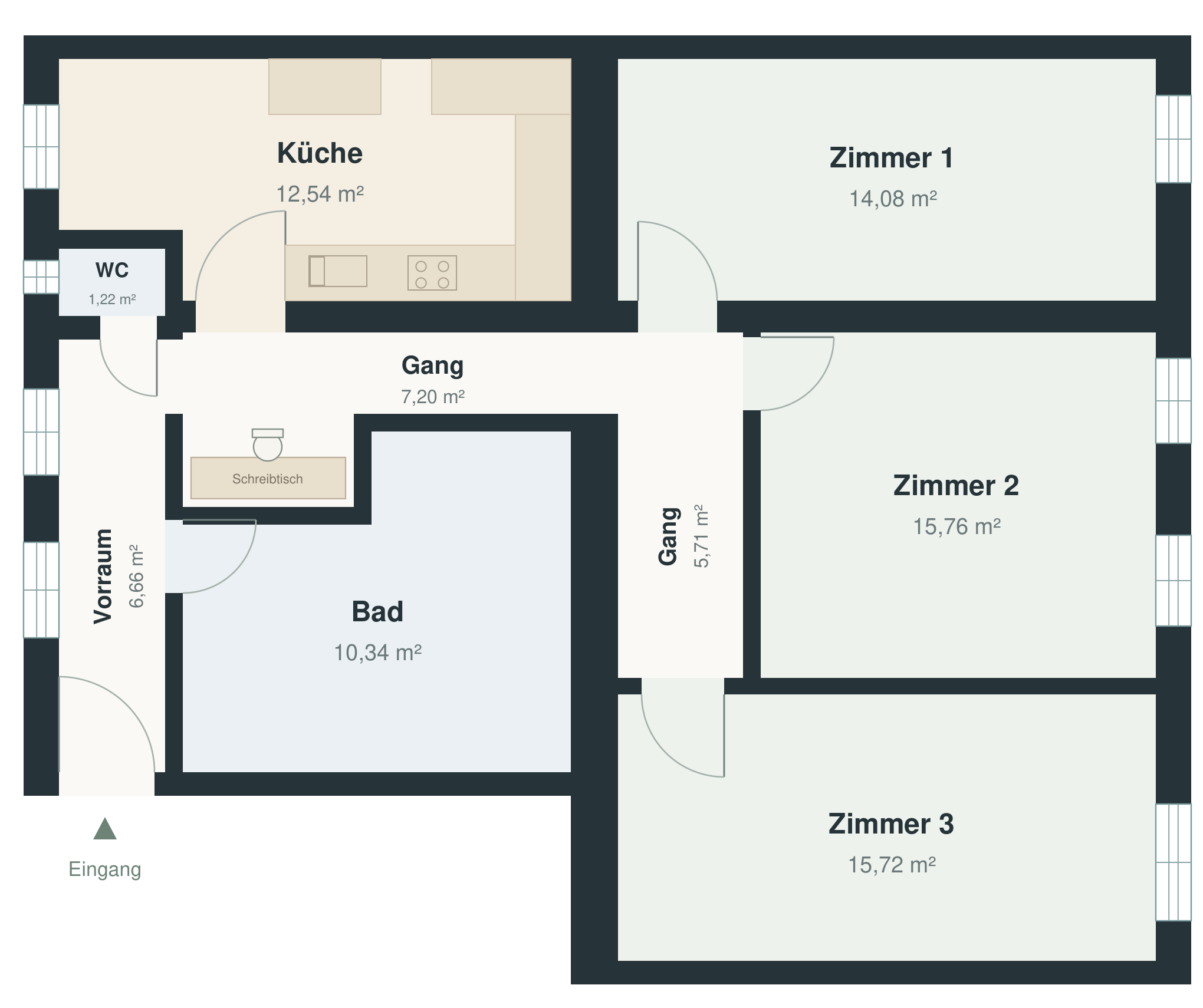 Grundriss mit drei separat begehbaren Zimmern, abgewinkeltem Gang, Arbeitsnische, Küche, Bad mit Einbuchtung und separatem WC